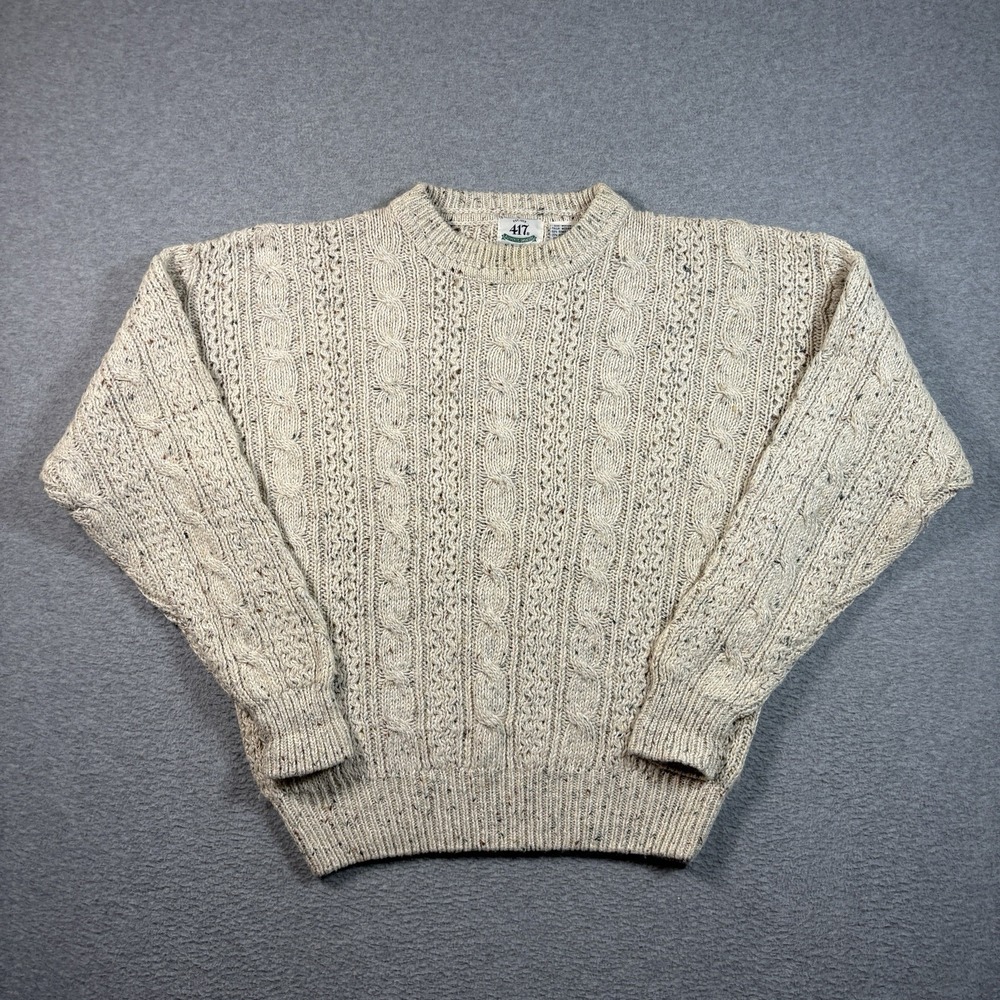 417 Van Heusen Cable Knit Sweater Mens M Oatmeal Tweed Fisherman Heavy VTG 90s